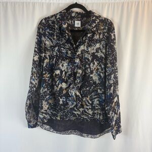 Cabi Starry Night Print Ruffle Button Up Shirt
Size:M Long Sleeve Blouse